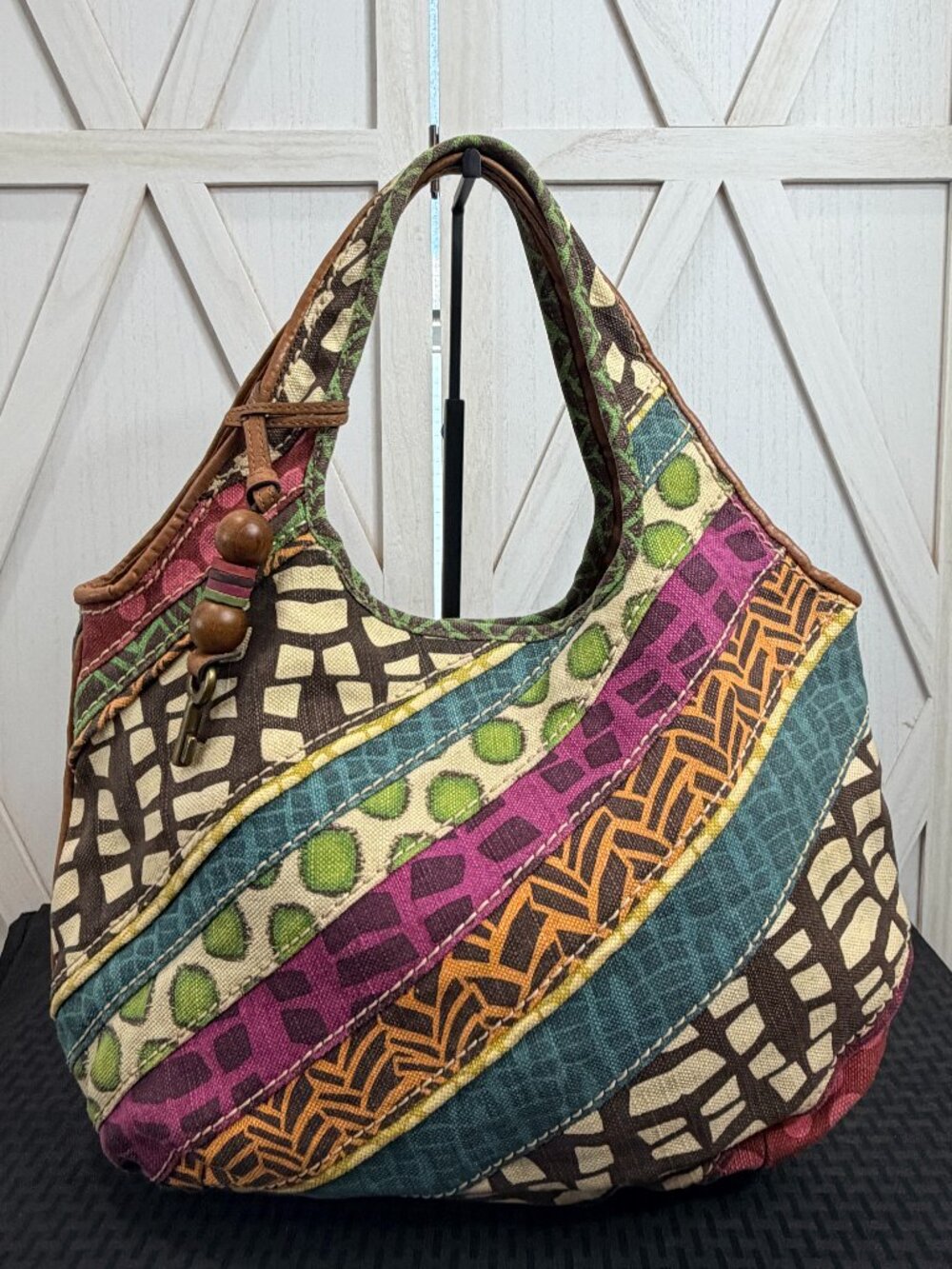 Fossil Multicolor Patchwork Canvas Hobo Shoulder Bag Boho